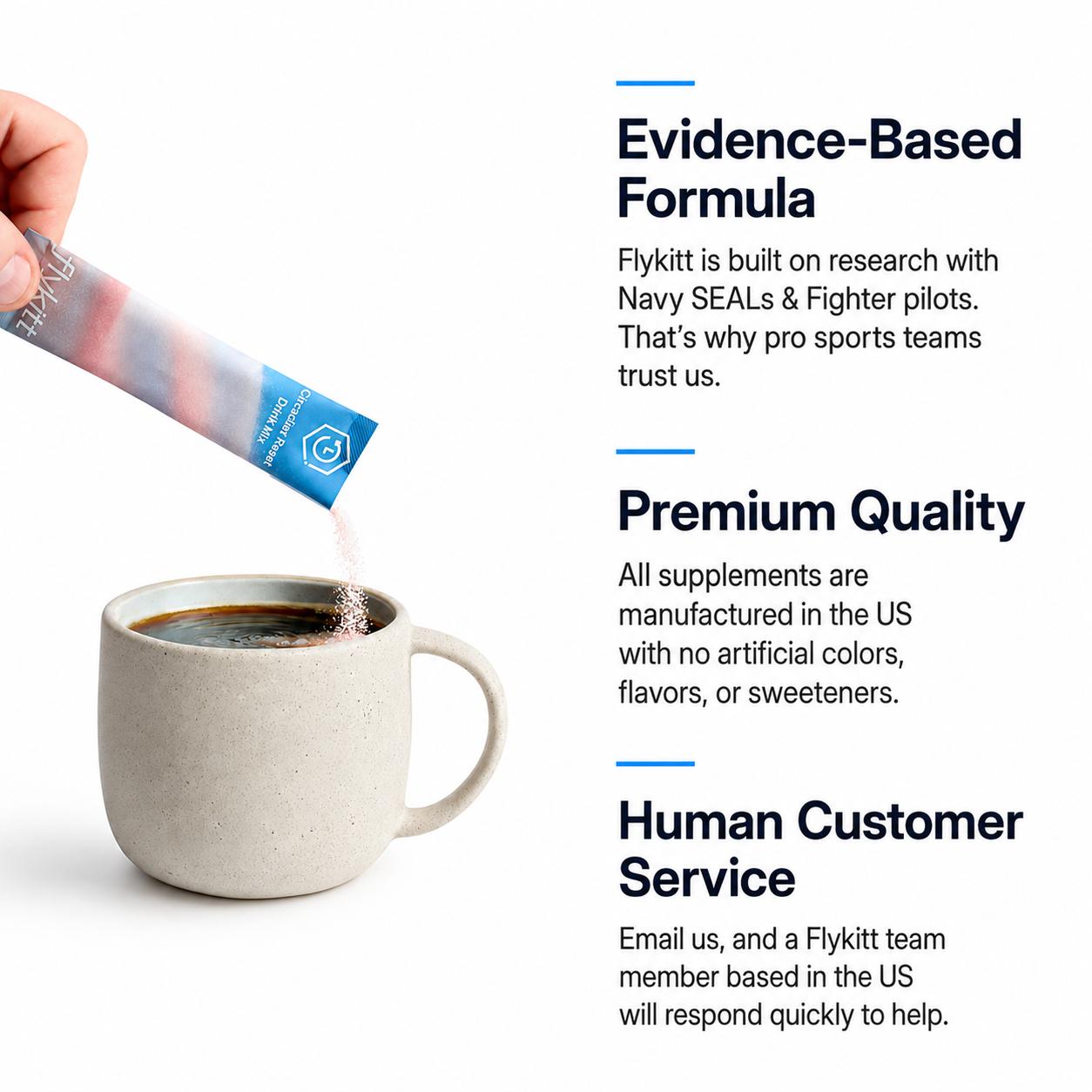 Flykitt Circadian Reset drink mix poured into coffee, highlighting evidence-based formula, premium quality, and human customer service.